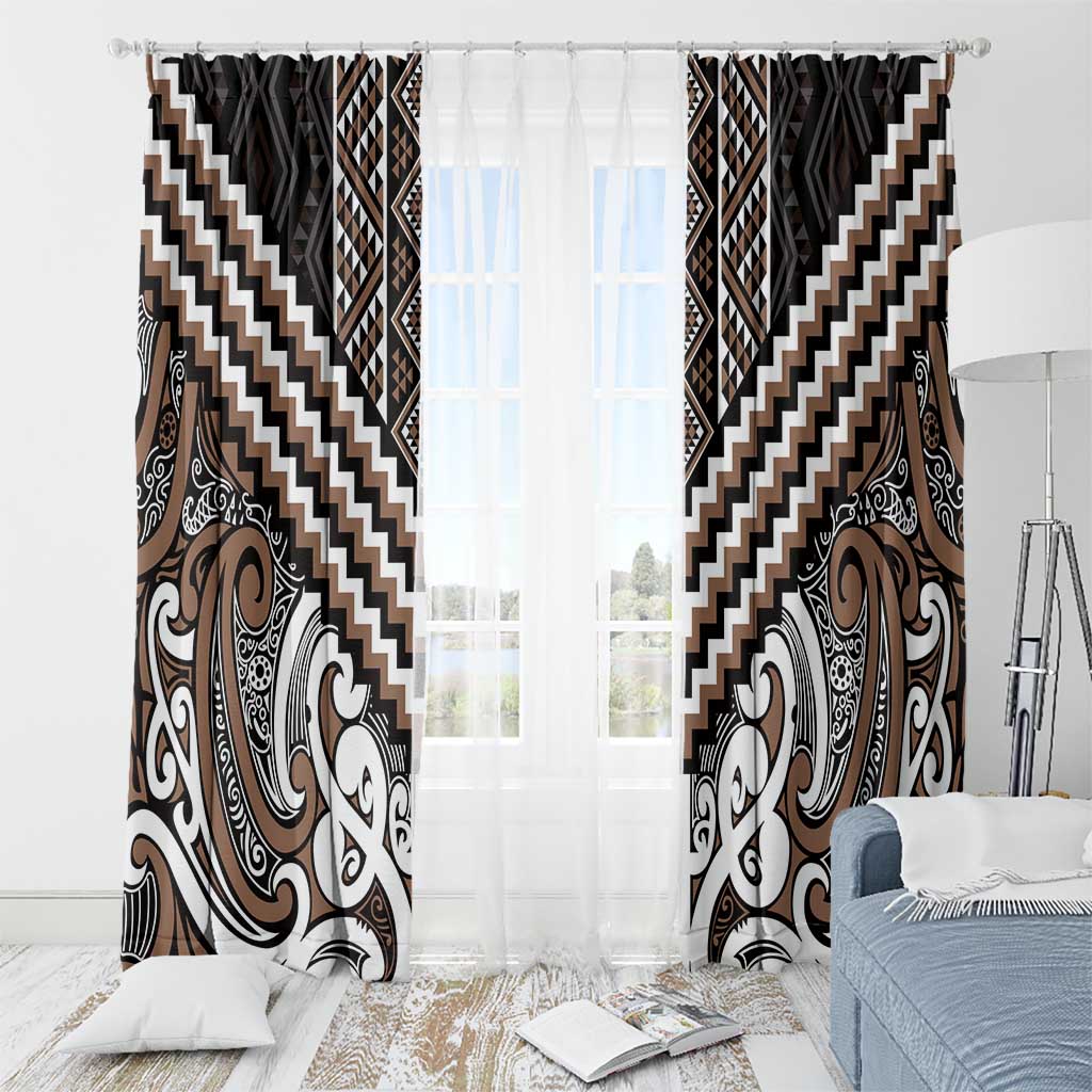 Maori Tukutuku Taniko Motifs Window Curtain Brown Poutama Mix Kowhaiwhai