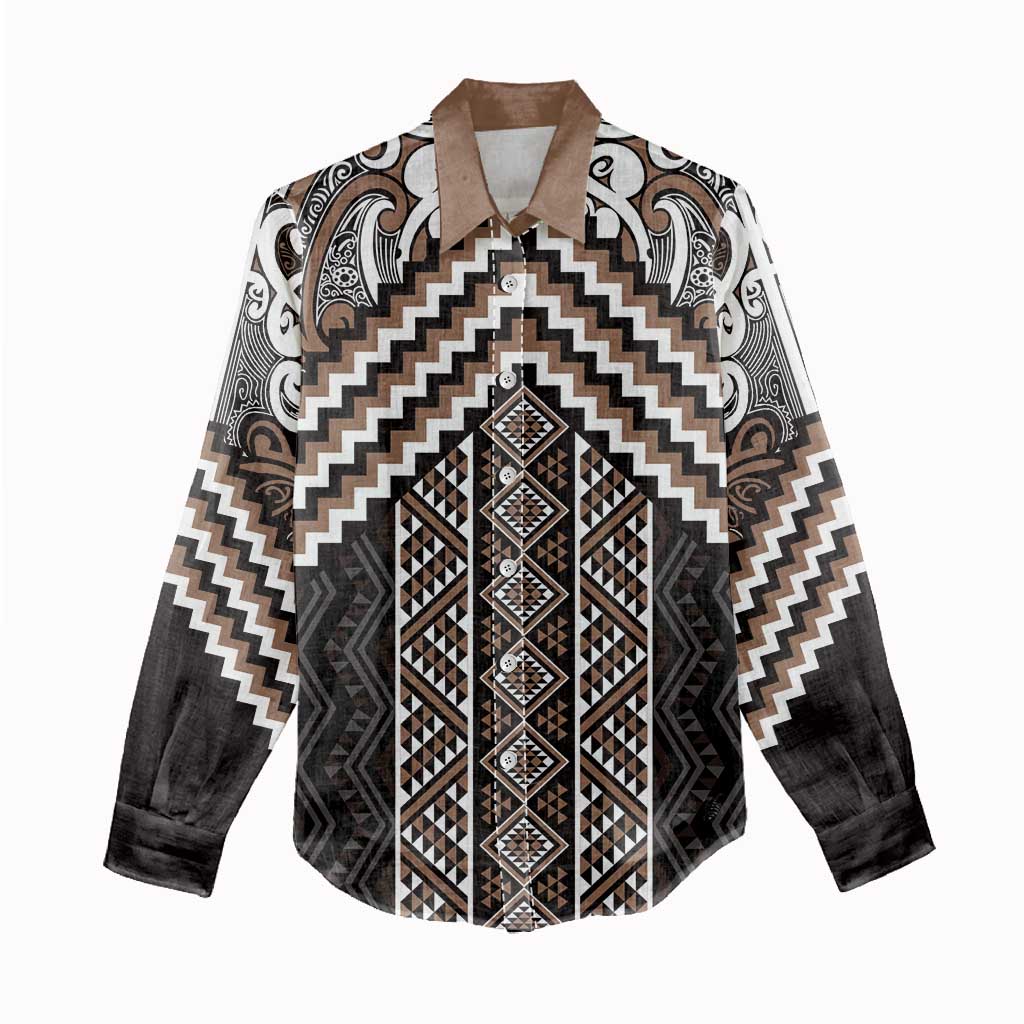 Maori Tukutuku Taniko Motifs Women Casual Shirt Brown Poutama Mix Kowhaiwhai LT7 - Polynesian Pride