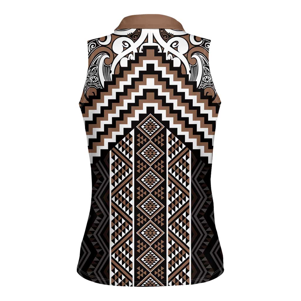 Maori Tukutuku Taniko Motifs Women Sleeveless Polo Shirt Brown Poutama Mix Kowhaiwhai