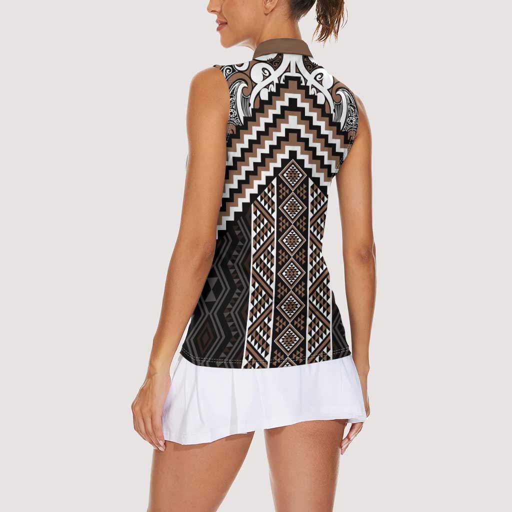 Maori Tukutuku Taniko Motifs Women Sleeveless Polo Shirt Brown Poutama Mix Kowhaiwhai
