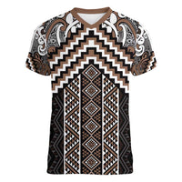 Maori Tukutuku Taniko Motifs Women V-Neck T-Shirt Brown Poutama Mix Kowhaiwhai LT7 Female Brown - Polynesian Pride
