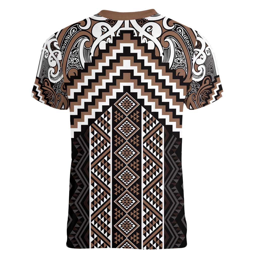 Maori Tukutuku Taniko Motifs Women V-Neck T-Shirt Brown Poutama Mix Kowhaiwhai LT7 - Polynesian Pride