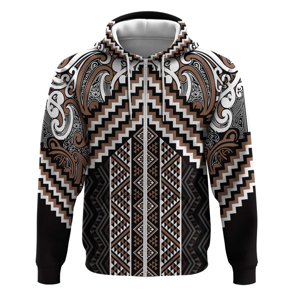 Maori Tukutuku Taniko Motifs Zip Hoodie Brown Poutama Mix Kowhaiwhai LT7 Zip Hoodie Brown - Polynesian Pride