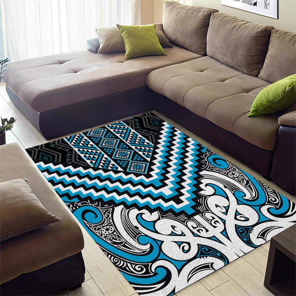 Maori Tukutuku Taniko Motifs Area Rug Turquoise Poutama Mix Kowhaiwhai