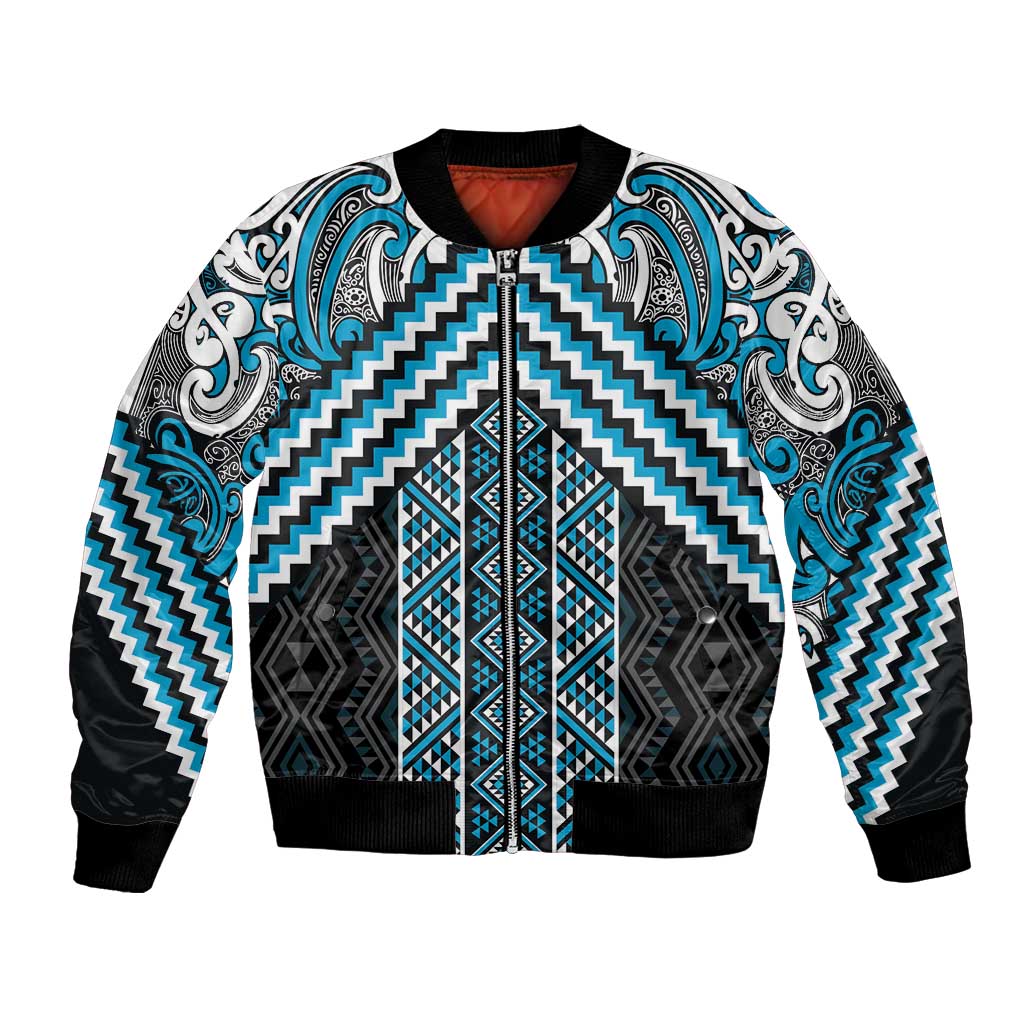Maori Tukutuku Taniko Motifs Bomber Jacket Turquoise Poutama Mix Kowhaiwhai LT7 Unisex Turquoise - Polynesian Pride
