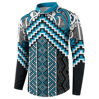 Maori Tukutuku Taniko Motifs Button Sweatshirt Turquoise Poutama Mix Kowhaiwhai