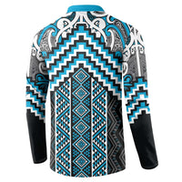 Maori Tukutuku Taniko Motifs Button Sweatshirt Turquoise Poutama Mix Kowhaiwhai