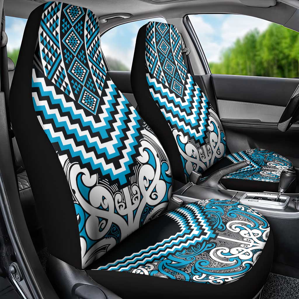 Maori Tukutuku Taniko Motifs Car Seat Cover Turquoise Poutama Mix Kowhaiwhai
