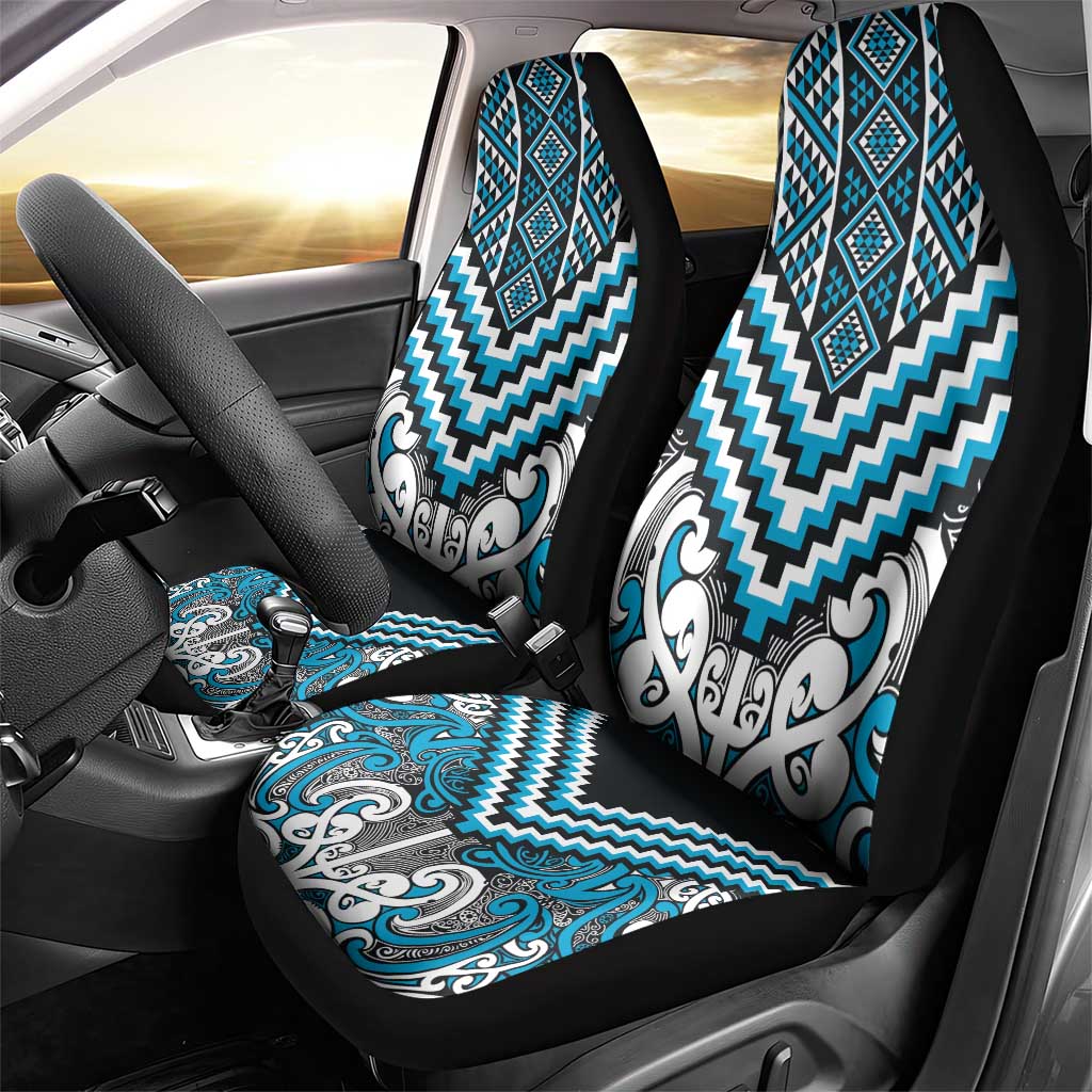 Maori Tukutuku Taniko Motifs Car Seat Cover Turquoise Poutama Mix Kowhaiwhai