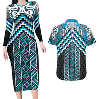 Maori Tukutuku Taniko Motifs Couples Matching Long Sleeve Bodycon Dress and Hawaiian Shirt Turquoise Poutama Mix Kowhaiwhai