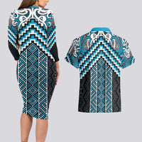 Maori Tukutuku Taniko Motifs Couples Matching Long Sleeve Bodycon Dress and Hawaiian Shirt Turquoise Poutama Mix Kowhaiwhai