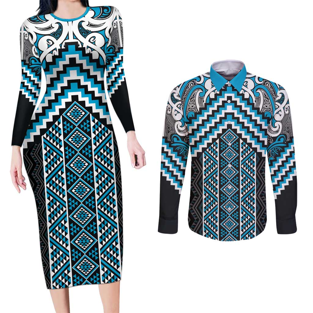 Maori Tukutuku Taniko Motifs Couples Matching Long Sleeve Bodycon Dress and Long Sleeve Button Shirt Turquoise Poutama Mix Kowhaiwhai