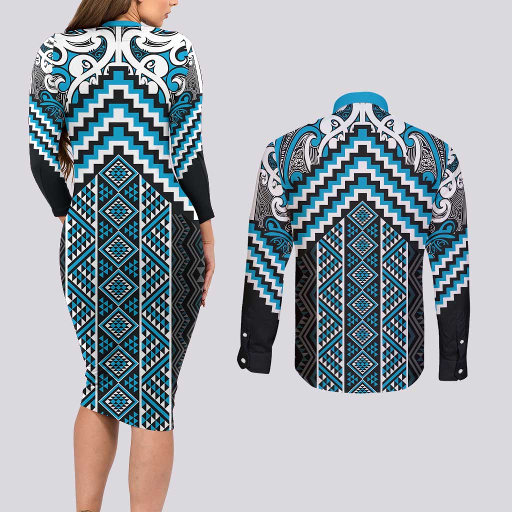 Maori Tukutuku Taniko Motifs Couples Matching Long Sleeve Bodycon Dress and Long Sleeve Button Shirt Turquoise Poutama Mix Kowhaiwhai LT7 - Polynesian Pride