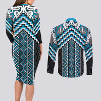 Maori Tukutuku Taniko Motifs Couples Matching Long Sleeve Bodycon Dress and Long Sleeve Button Shirt Turquoise Poutama Mix Kowhaiwhai LT7 - Polynesian Pride