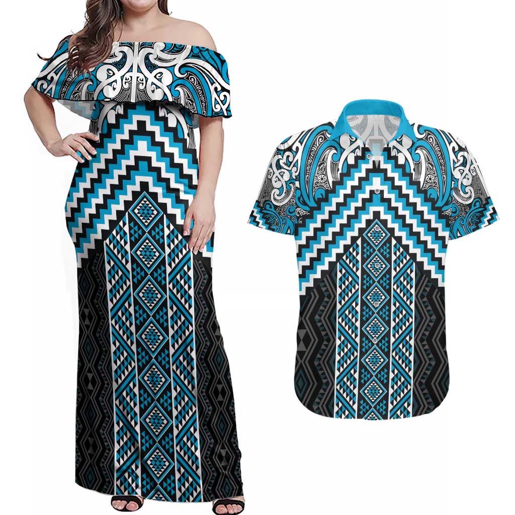 Maori Tukutuku Taniko Motifs Couples Matching Off Shoulder Maxi Dress and Hawaiian Shirt Turquoise Poutama Mix Kowhaiwhai