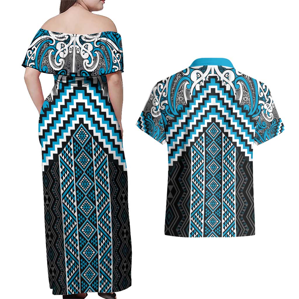 Maori Tukutuku Taniko Motifs Couples Matching Off Shoulder Maxi Dress and Hawaiian Shirt Turquoise Poutama Mix Kowhaiwhai