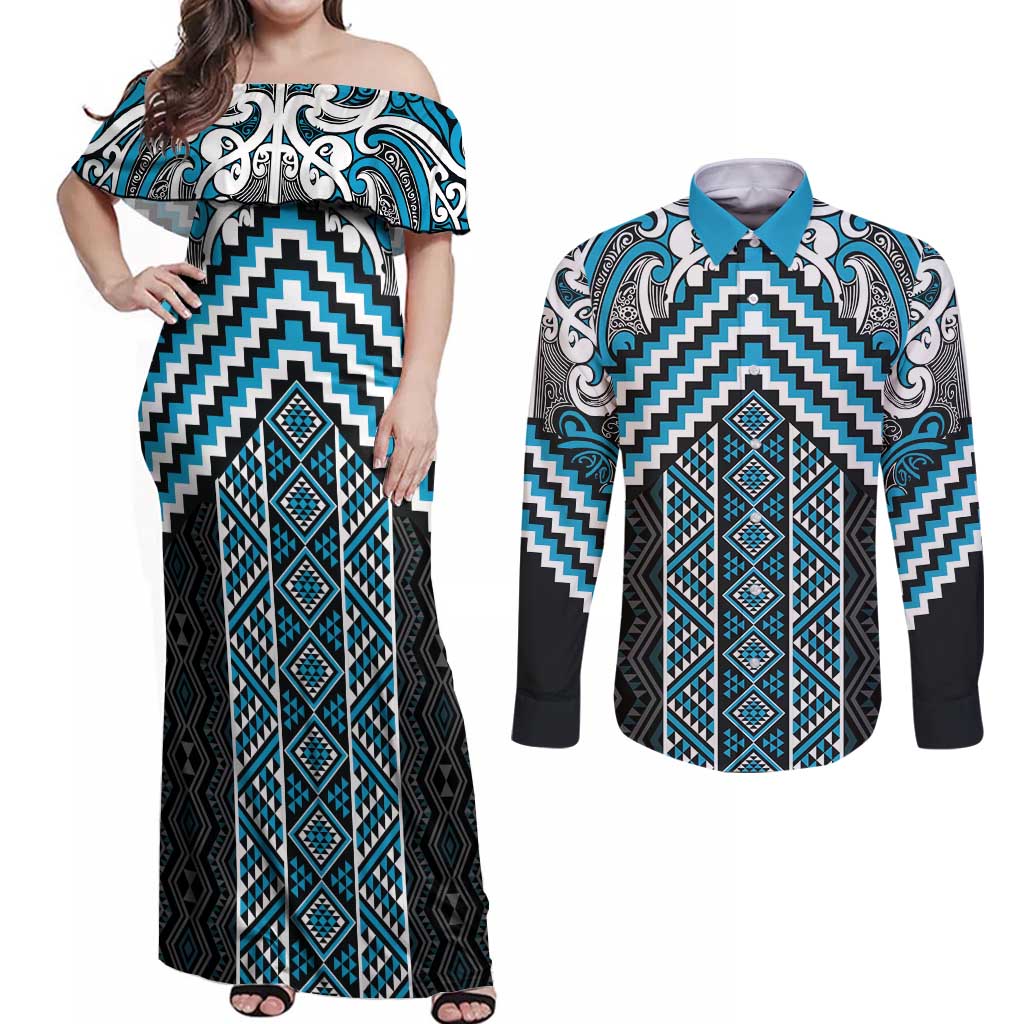 Maori Tukutuku Taniko Motifs Couples Matching Off Shoulder Maxi Dress and Long Sleeve Button Shirt Turquoise Poutama Mix Kowhaiwhai LT7 Turquoise - Polynesian Pride