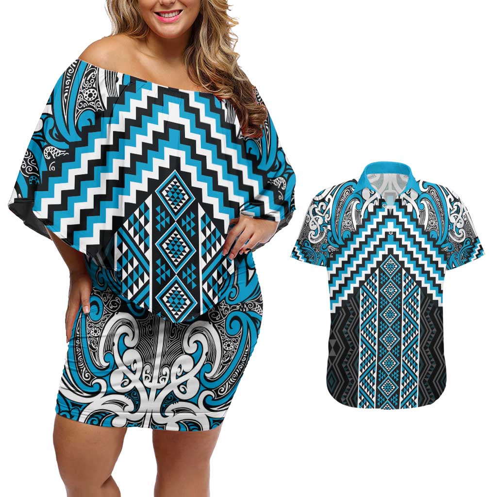 Maori Tukutuku Taniko Motifs Couples Matching Off Shoulder Short Dress and Hawaiian Shirt Turquoise Poutama Mix Kowhaiwhai