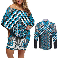 Maori Tukutuku Taniko Motifs Couples Matching Off Shoulder Short Dress and Long Sleeve Button Shirt Turquoise Poutama Mix Kowhaiwhai LT7 Turquoise - Polynesian Pride