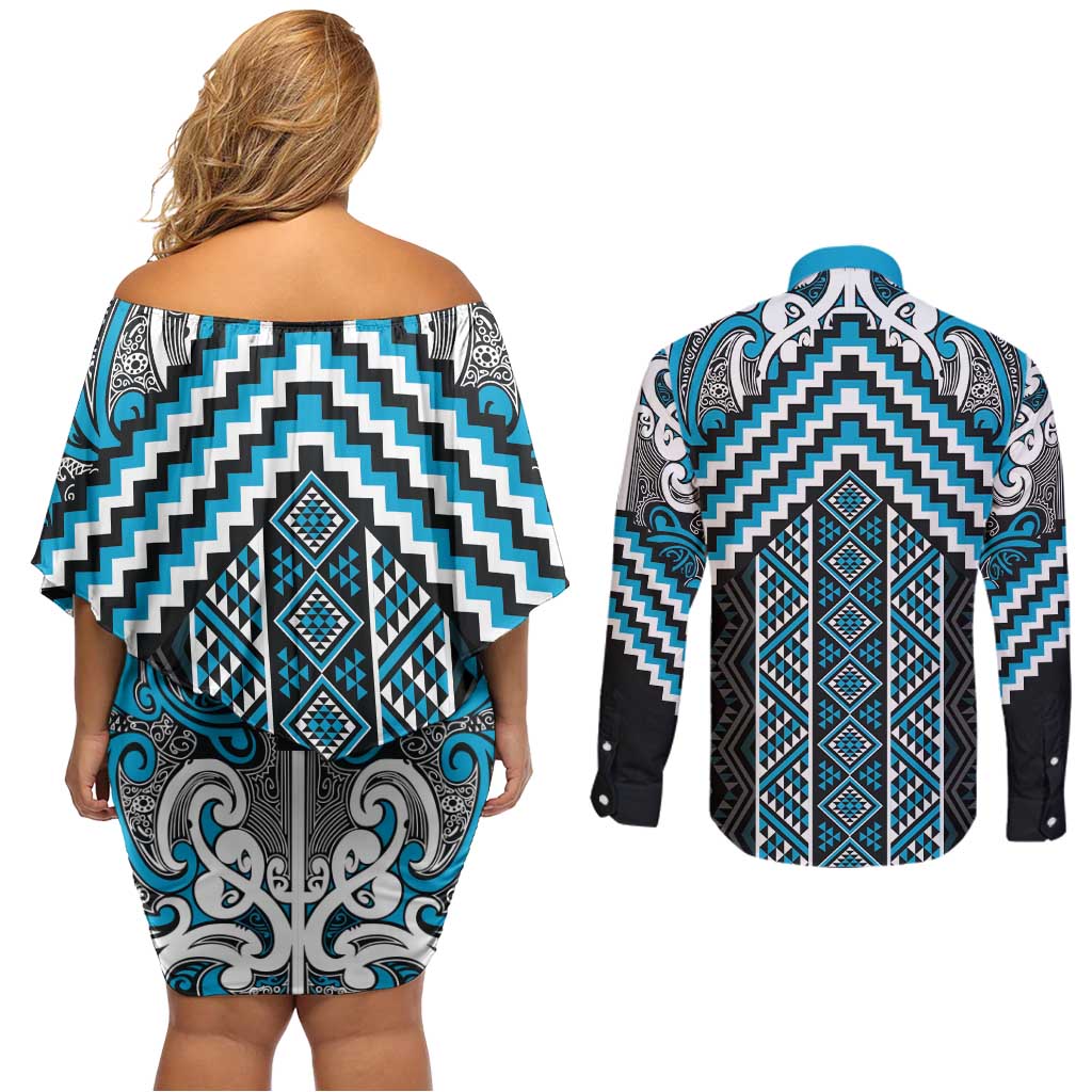 Maori Tukutuku Taniko Motifs Couples Matching Off Shoulder Short Dress and Long Sleeve Button Shirt Turquoise Poutama Mix Kowhaiwhai LT7 - Polynesian Pride