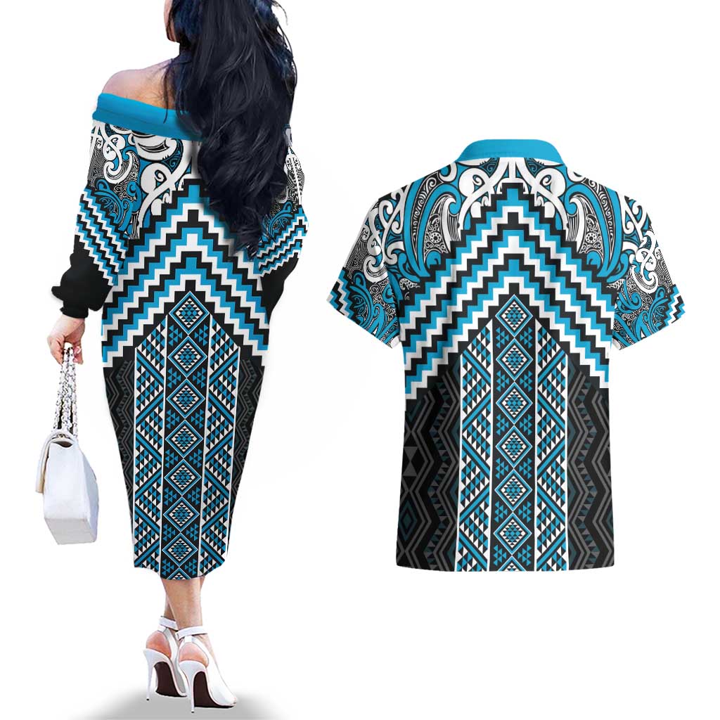 Maori Tukutuku Taniko Motifs Couples Matching Off The Shoulder Long Sleeve Dress and Hawaiian Shirt Turquoise Poutama Mix Kowhaiwhai