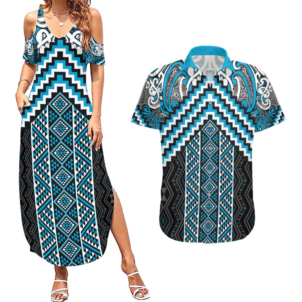 Maori Tukutuku Taniko Motifs Couples Matching Summer Maxi Dress and Hawaiian Shirt Turquoise Poutama Mix Kowhaiwhai