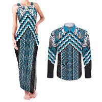 Maori Tukutuku Taniko Motifs Couples Matching Tank Maxi Dress and Long Sleeve Button Shirt Turquoise Poutama Mix Kowhaiwhai LT7 Turquoise - Polynesian Pride