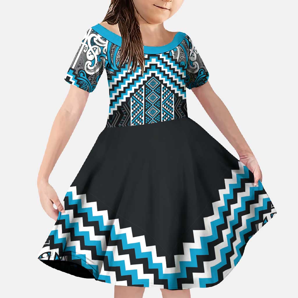Maori Tukutuku Taniko Motifs Family Matching Mermaid Dress and Hawaiian Shirt Turquoise Poutama Mix Kowhaiwhai