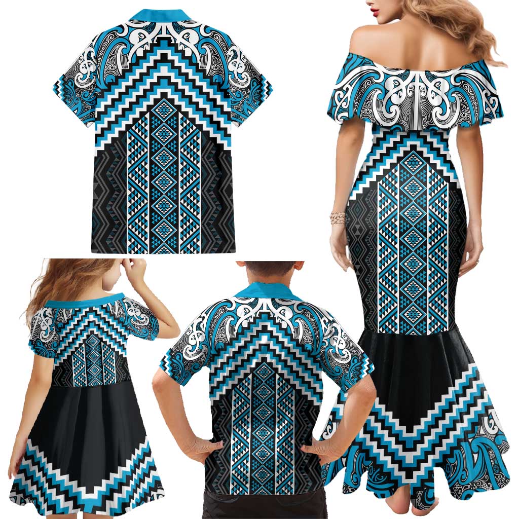 Maori Tukutuku Taniko Motifs Family Matching Mermaid Dress and Hawaiian Shirt Turquoise Poutama Mix Kowhaiwhai