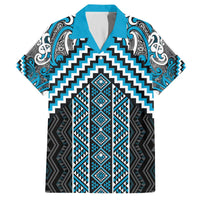 Maori Tukutuku Taniko Motifs Family Matching Off The Shoulder Long Sleeve Dress and Hawaiian Shirt Turquoise Poutama Mix Kowhaiwhai