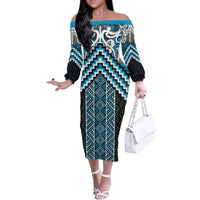 Maori Tukutuku Taniko Motifs Family Matching Off The Shoulder Long Sleeve Dress and Hawaiian Shirt Turquoise Poutama Mix Kowhaiwhai