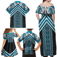 Maori Tukutuku Taniko Motifs Family Matching Off Shoulder Maxi Dress and Hawaiian Shirt Turquoise Poutama Mix Kowhaiwhai