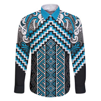 Maori Tukutuku Taniko Motifs Family Matching Off Shoulder Short Dress and Hawaiian Shirt Turquoise Poutama Mix Kowhaiwhai