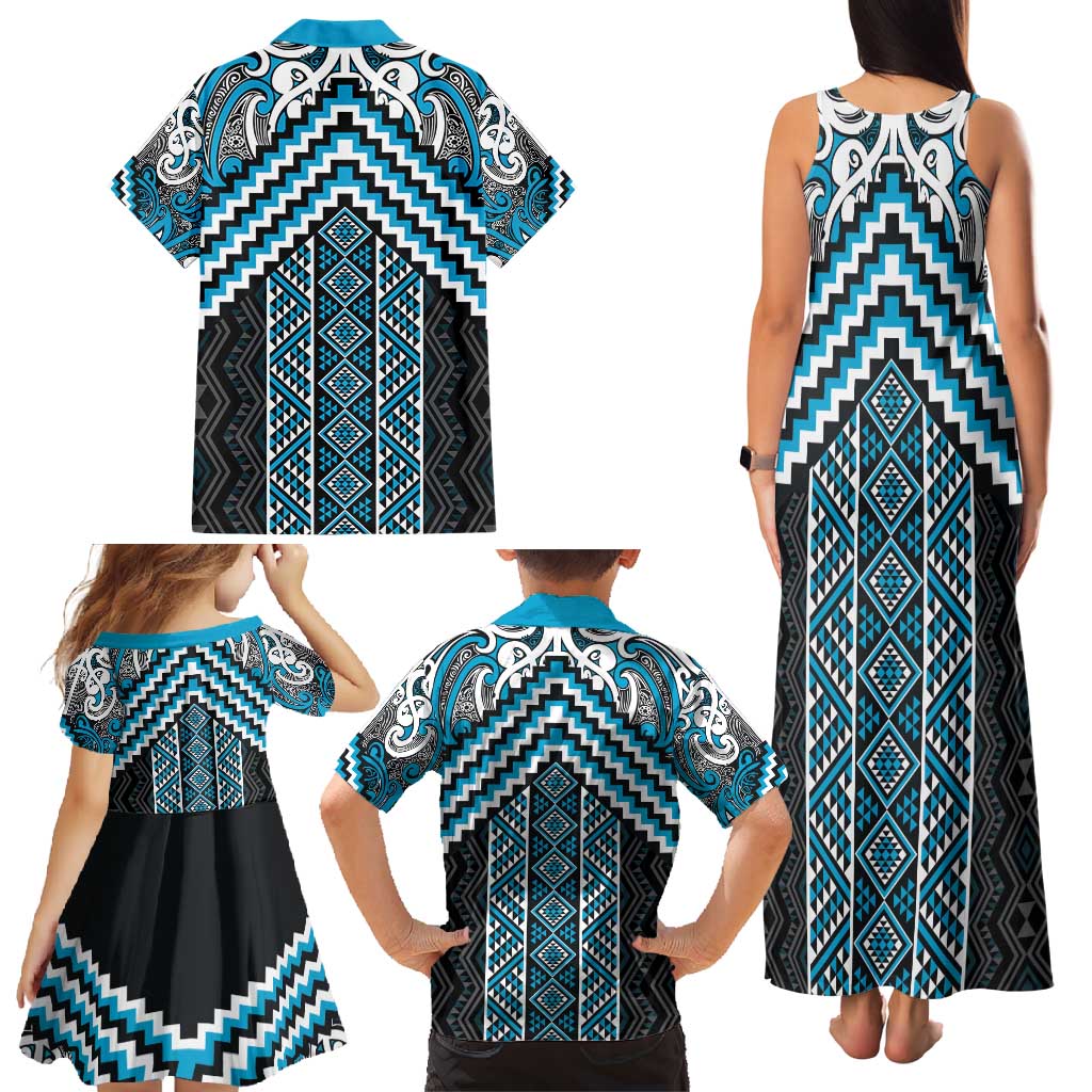 Maori Tukutuku Taniko Motifs Family Matching Tank Maxi Dress and Hawaiian Shirt Turquoise Poutama Mix Kowhaiwhai