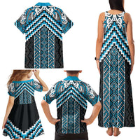 Maori Tukutuku Taniko Motifs Family Matching Tank Maxi Dress and Hawaiian Shirt Turquoise Poutama Mix Kowhaiwhai