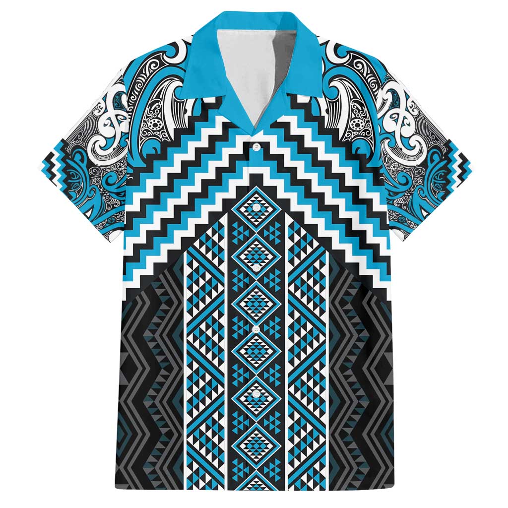 Maori Tukutuku Taniko Motifs Family Matching Tank Maxi Dress and Hawaiian Shirt Turquoise Poutama Mix Kowhaiwhai