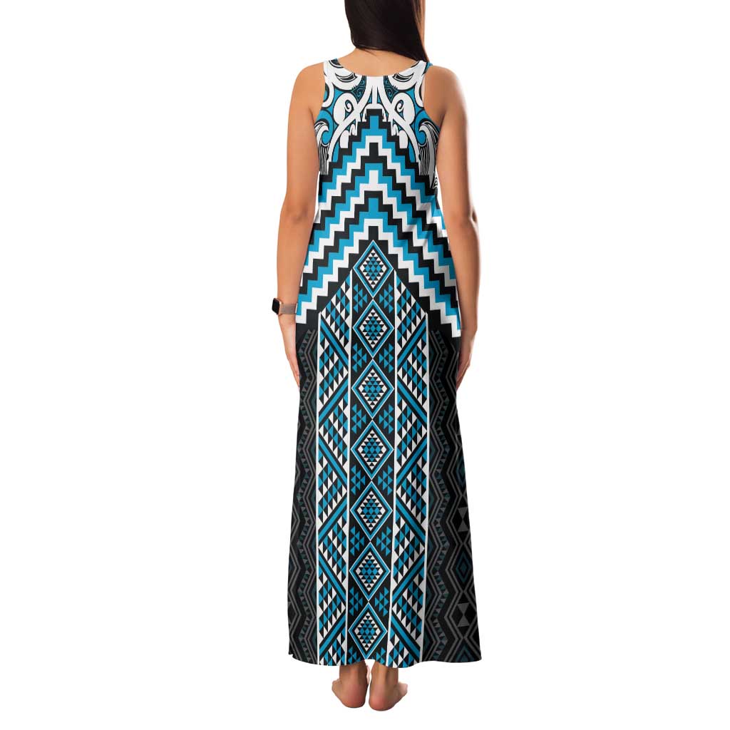 Maori Tukutuku Taniko Motifs Family Matching Tank Maxi Dress and Hawaiian Shirt Turquoise Poutama Mix Kowhaiwhai