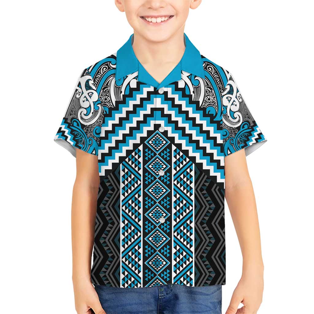 Maori Tukutuku Taniko Motifs Family Matching Tank Maxi Dress and Hawaiian Shirt Turquoise Poutama Mix Kowhaiwhai
