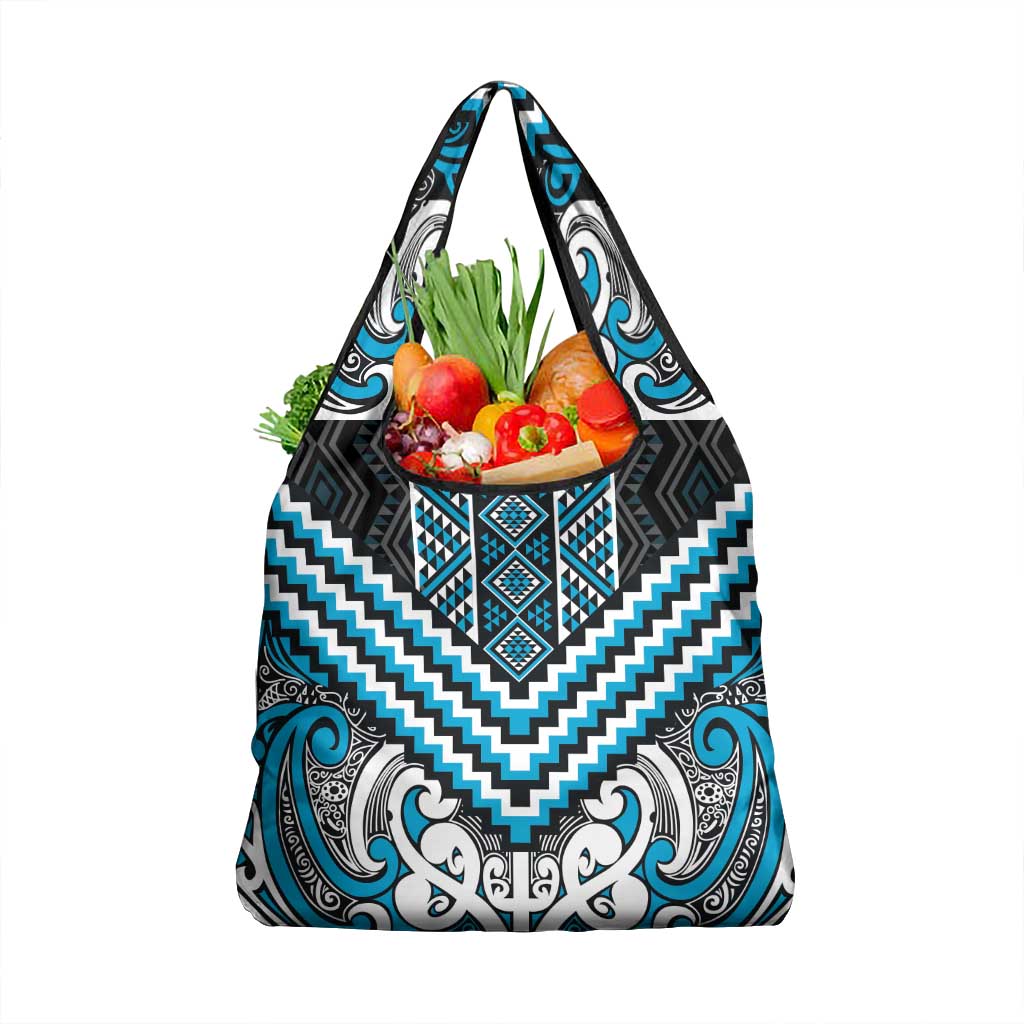 Maori Tukutuku Taniko Motifs Grocery Bag Turquoise Poutama Mix Kowhaiwhai