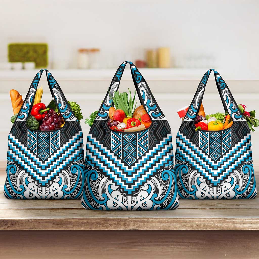 Maori Tukutuku Taniko Motifs Grocery Bag Turquoise Poutama Mix Kowhaiwhai