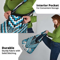 Maori Tukutuku Taniko Motifs Grocery Bag Turquoise Poutama Mix Kowhaiwhai