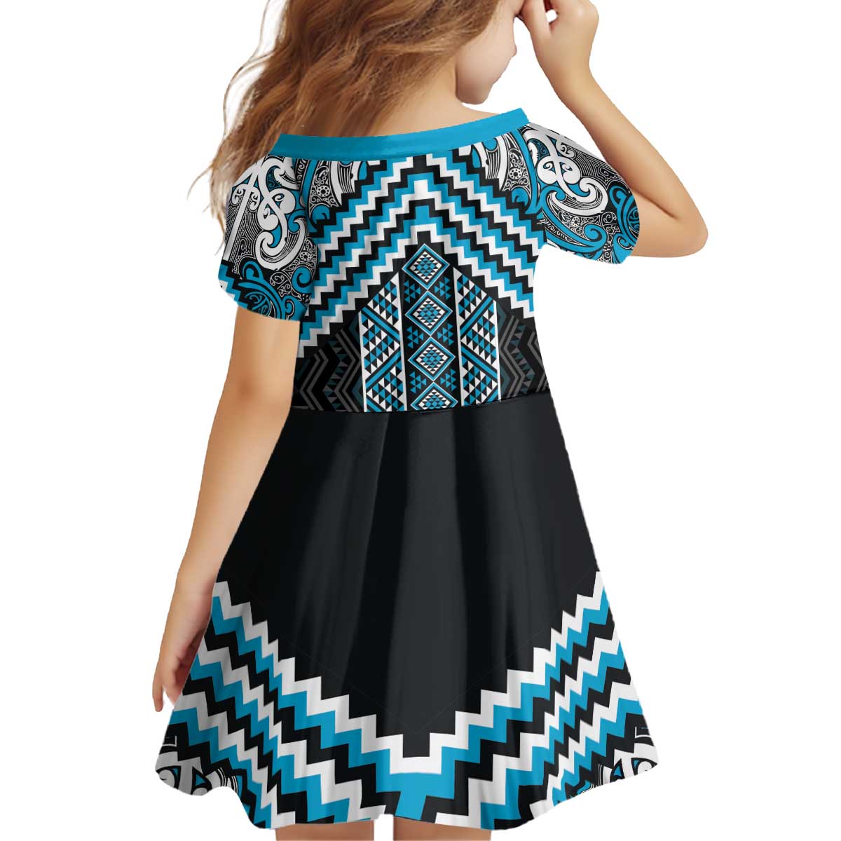 Maori Tukutuku Taniko Motifs Kid Short Sleeve Dress Turquoise Poutama Mix Kowhaiwhai