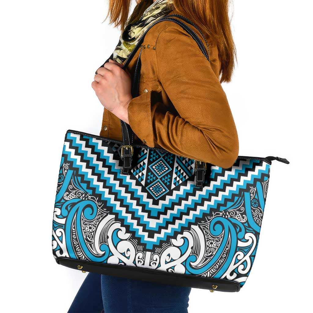 Maori Tukutuku Taniko Motifs Leather Tote Bag Turquoise Poutama Mix Kowhaiwhai