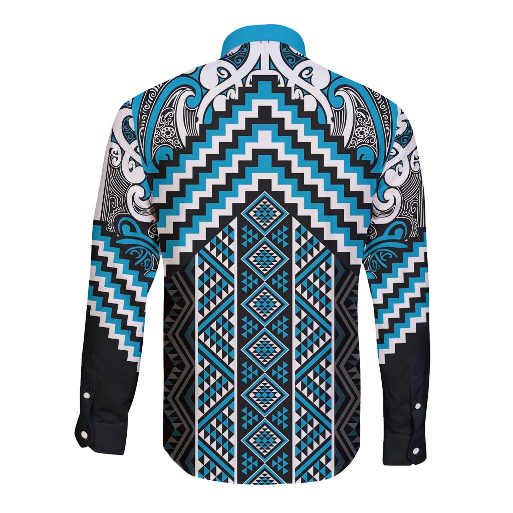 Maori Tukutuku Taniko Motifs Long Sleeve Button Shirt Turquoise Poutama Mix Kowhaiwhai