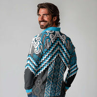 Maori Tukutuku Taniko Motifs Long Sleeve Polo Shirt Turquoise Poutama Mix Kowhaiwhai