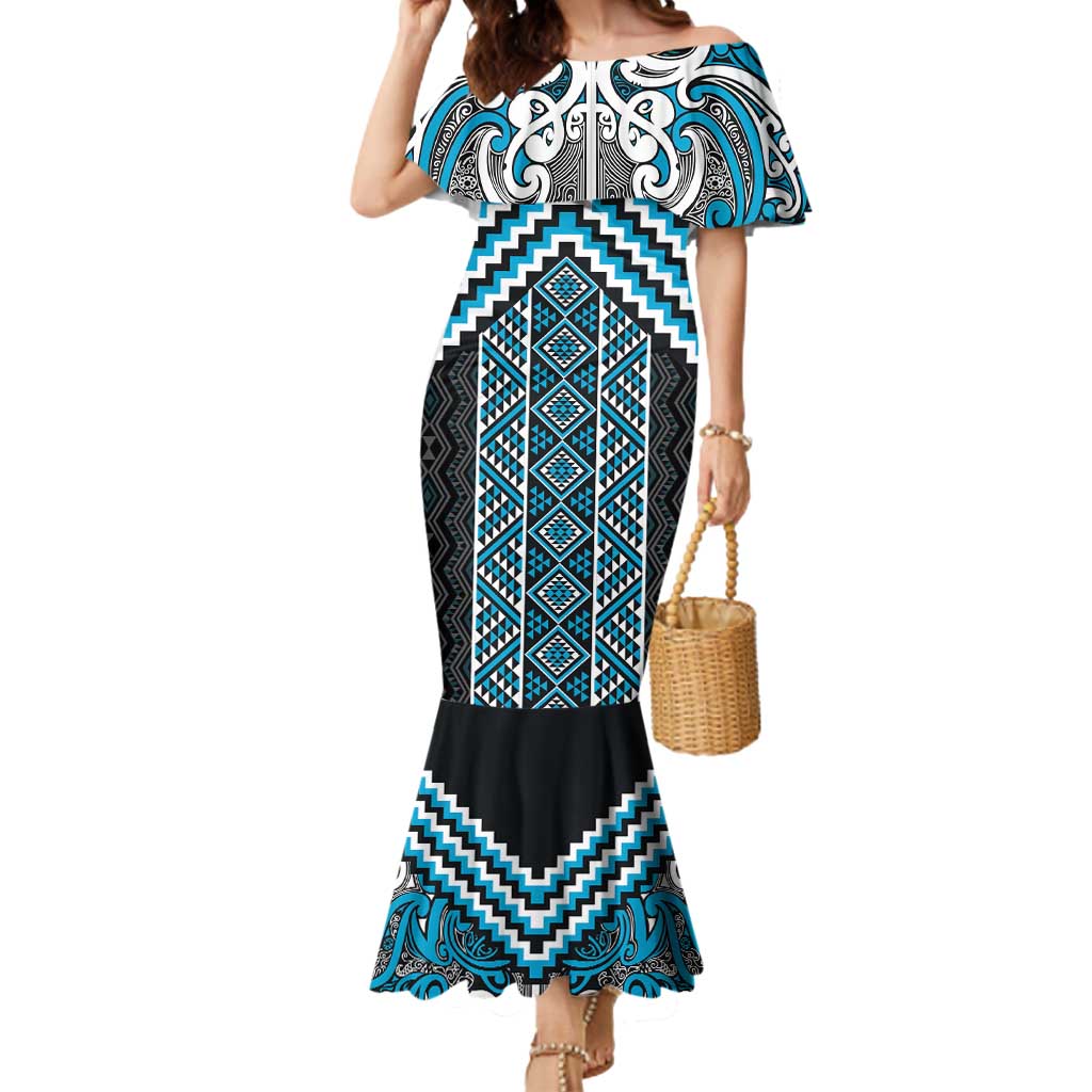 Maori Tukutuku Taniko Motifs Mermaid Dress Turquoise Poutama Mix Kowhaiwhai