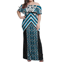 Maori Tukutuku Taniko Motifs Off Shoulder Maxi Dress Turquoise Poutama Mix Kowhaiwhai