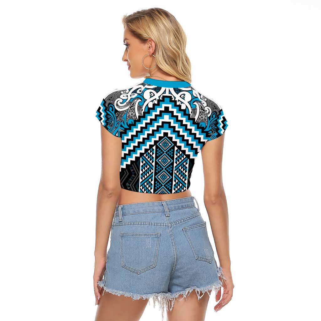 Maori Tukutuku Taniko Motifs Raglan Cropped T Shirt Turquoise Poutama Mix Kowhaiwhai LT7 - Polynesian Pride