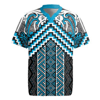 Maori Tukutuku Taniko Motifs Rugby Jersey Turquoise Poutama Mix Kowhaiwhai