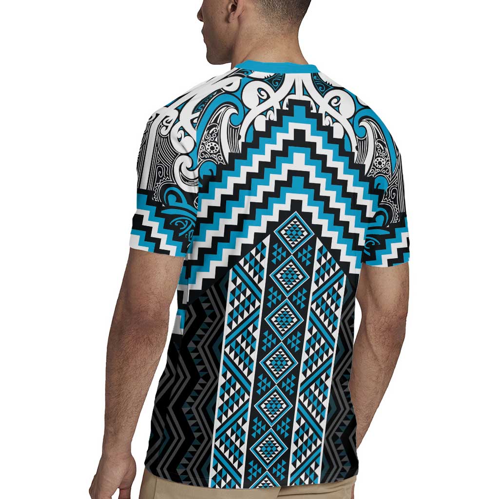 Maori Tukutuku Taniko Motifs Rugby Jersey Turquoise Poutama Mix Kowhaiwhai